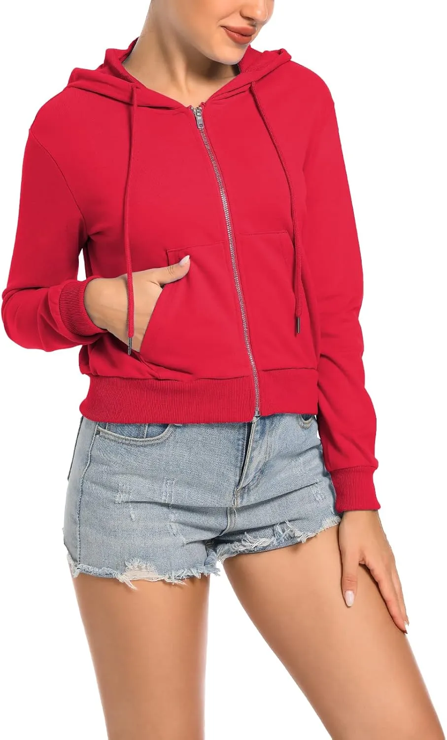 Women's Cropped Zip Up Hoodie Casual Long Sleeve Workout Hooded Sweatshirt Coat