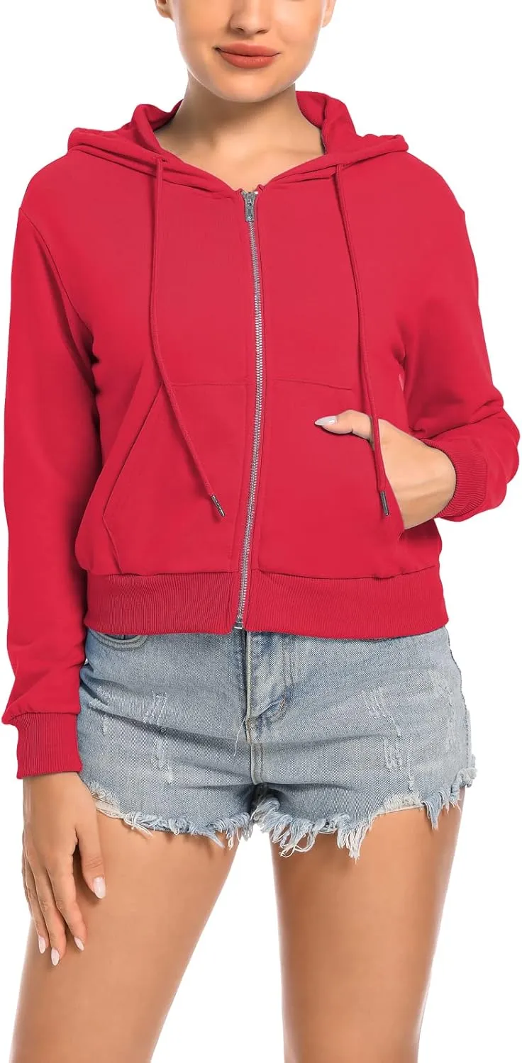Women's Cropped Zip Up Hoodie Casual Long Sleeve Workout Hooded Sweatshirt Coat