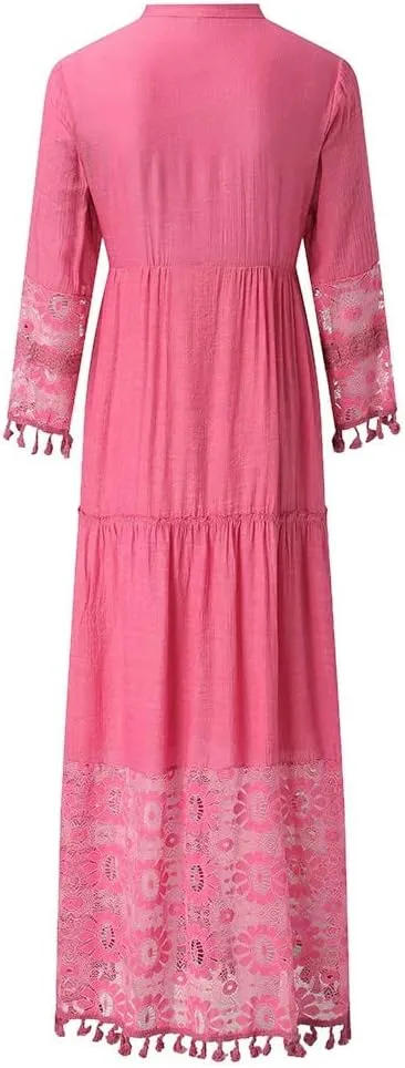 Womens Deep V Neck Sexy Boho Dress Floral Lace Trim Fringed Maxi Dress Ruffle Tiered Flowy Wedding Cocktail Dresses