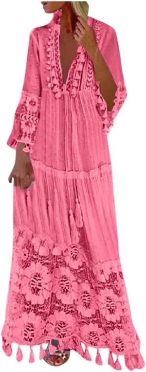 Womens Deep V Neck Sexy Boho Dress Floral Lace Trim Fringed Maxi Dress Ruffle Tiered Flowy Wedding Cocktail Dresses