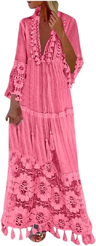 Womens Deep V Neck Sexy Boho Dress Floral Lace Trim Fringed Maxi Dress Ruffle Tiered Flowy Wedding Cocktail Dresses