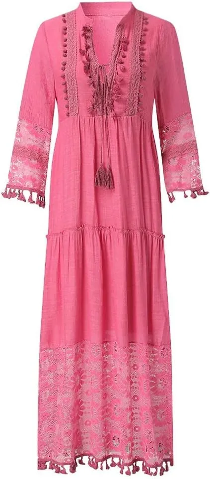 Womens Deep V Neck Sexy Boho Dress Floral Lace Trim Fringed Maxi Dress Ruffle Tiered Flowy Wedding Cocktail Dresses