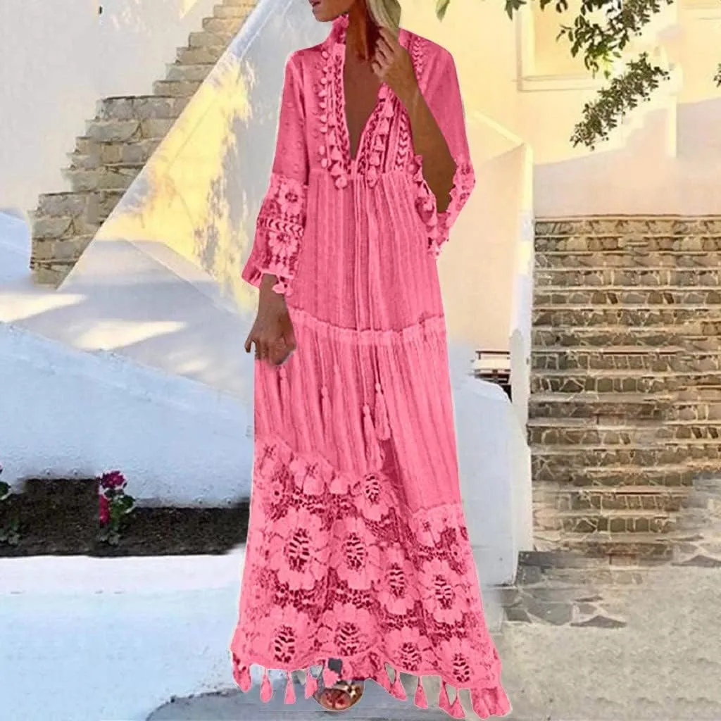 Womens Deep V Neck Sexy Boho Dress Floral Lace Trim Fringed Maxi Dress Ruffle Tiered Flowy Wedding Cocktail Dresses