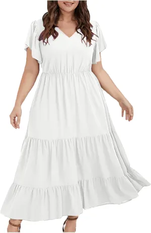 Womens Dress Casual Loose Solid Color Ruffle Short Sleeve Midi Dresses Pockets Fashion Plus Size V Neck A Line Dress