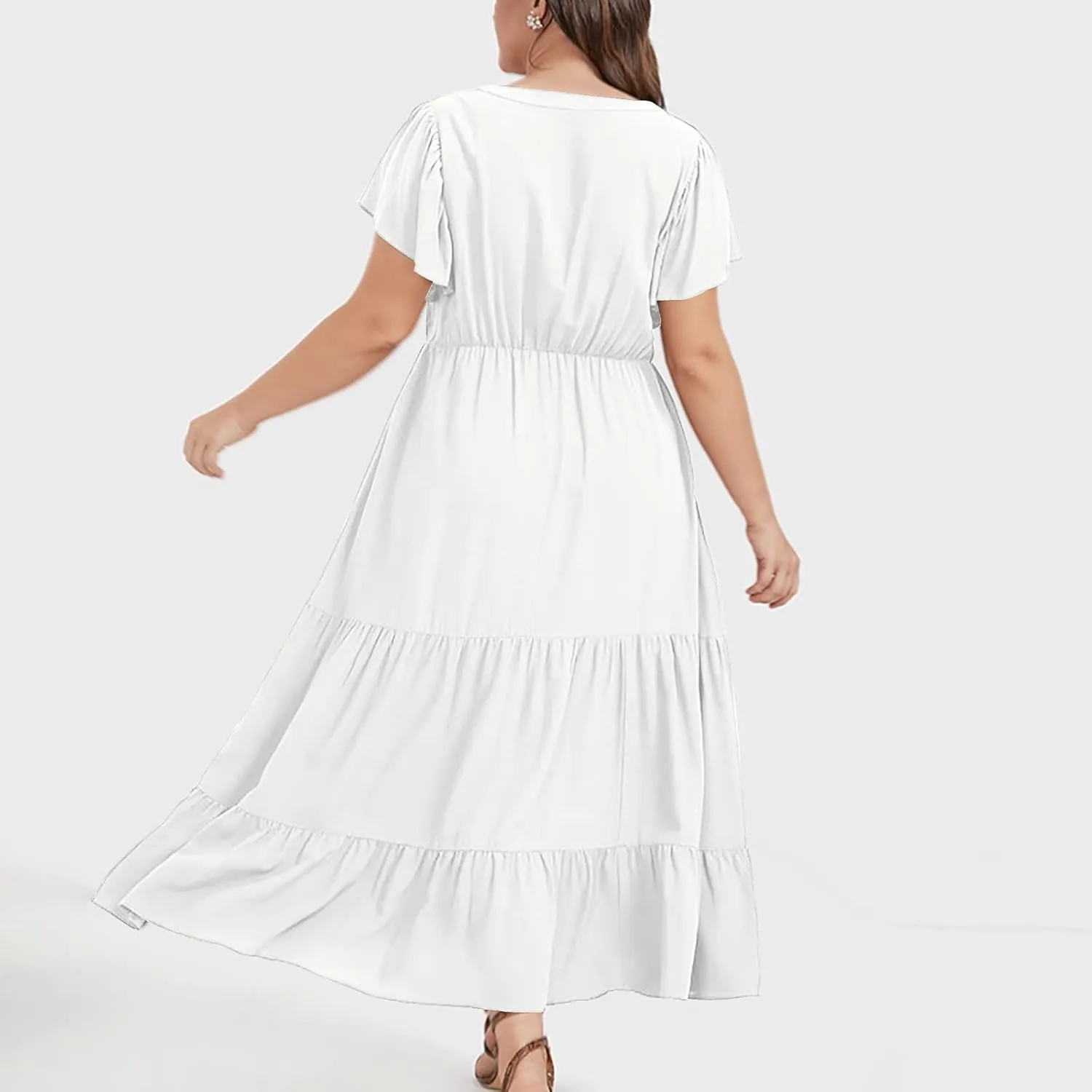 Womens Dress Casual Loose Solid Color Ruffle Short Sleeve Midi Dresses Pockets Fashion Plus Size V Neck A Line Dress