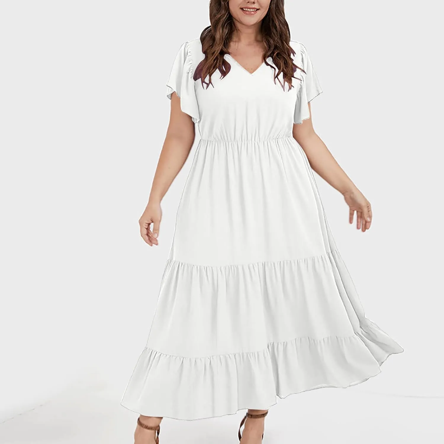 Womens Dress Casual Loose Solid Color Ruffle Short Sleeve Midi Dresses Pockets Fashion Plus Size V Neck A Line Dress