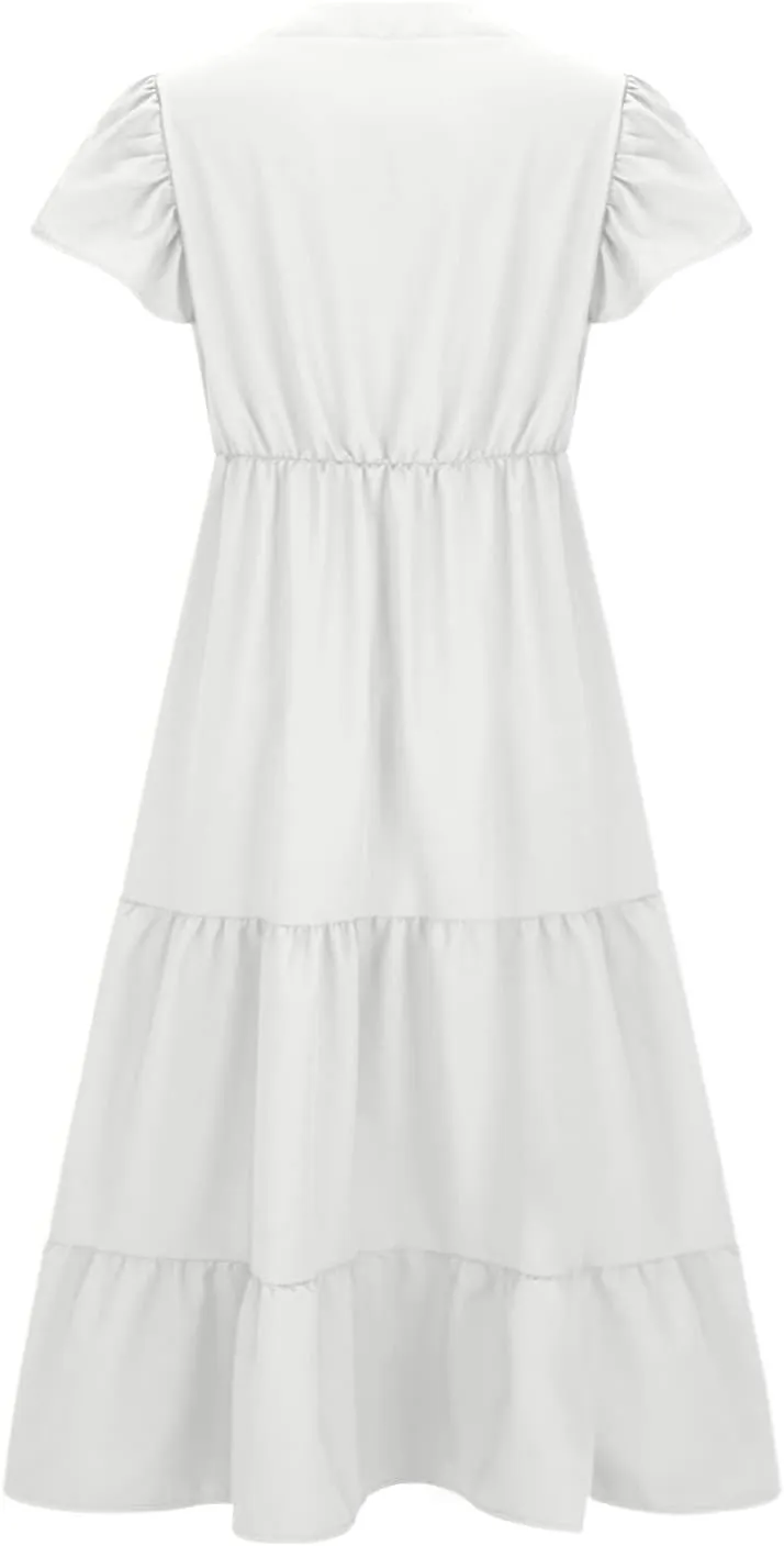 Womens Dress Casual Loose Solid Color Ruffle Short Sleeve Midi Dresses Pockets Fashion Plus Size V Neck A Line Dress