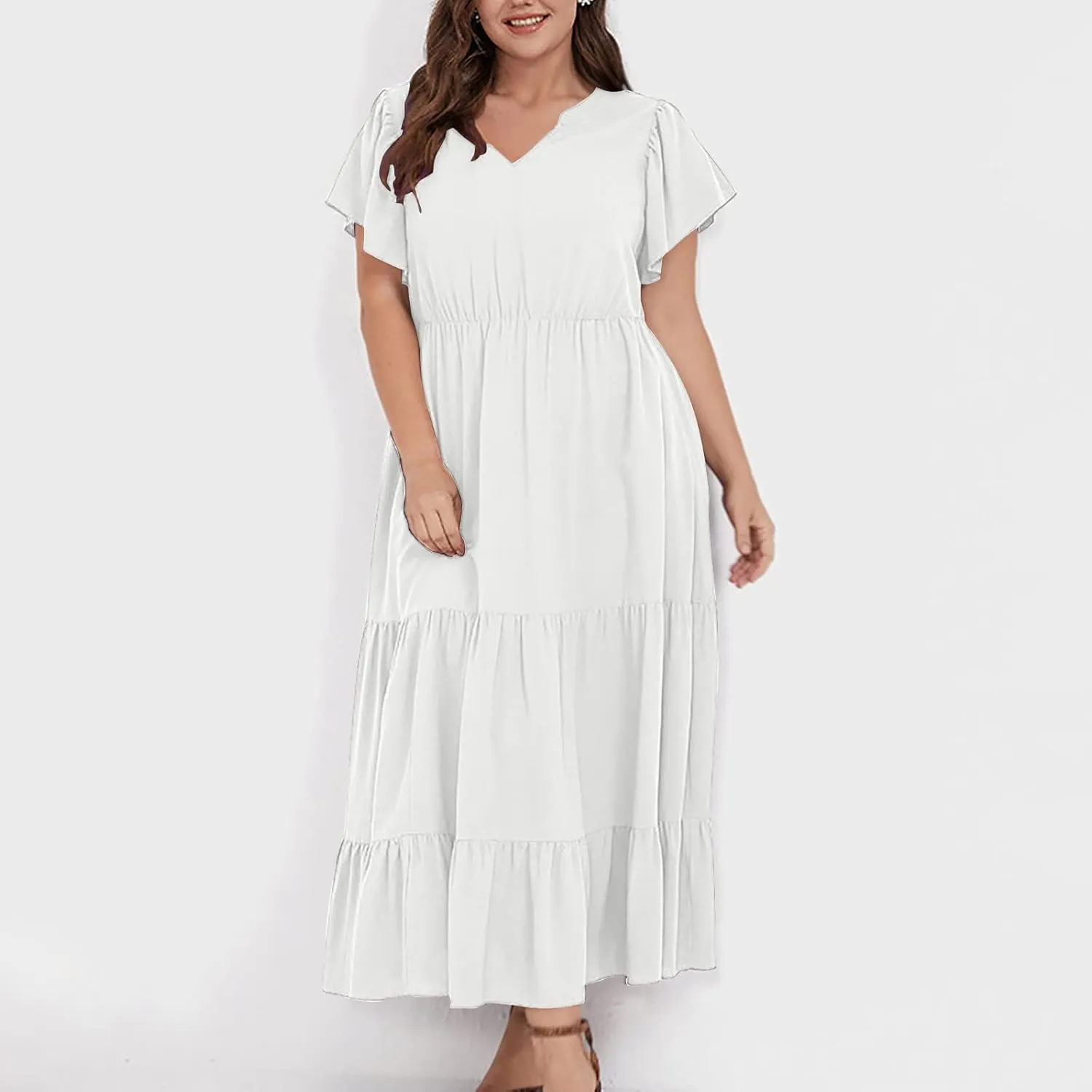 Womens Dress Casual Loose Solid Color Ruffle Short Sleeve Midi Dresses Pockets Fashion Plus Size V Neck A Line Dress