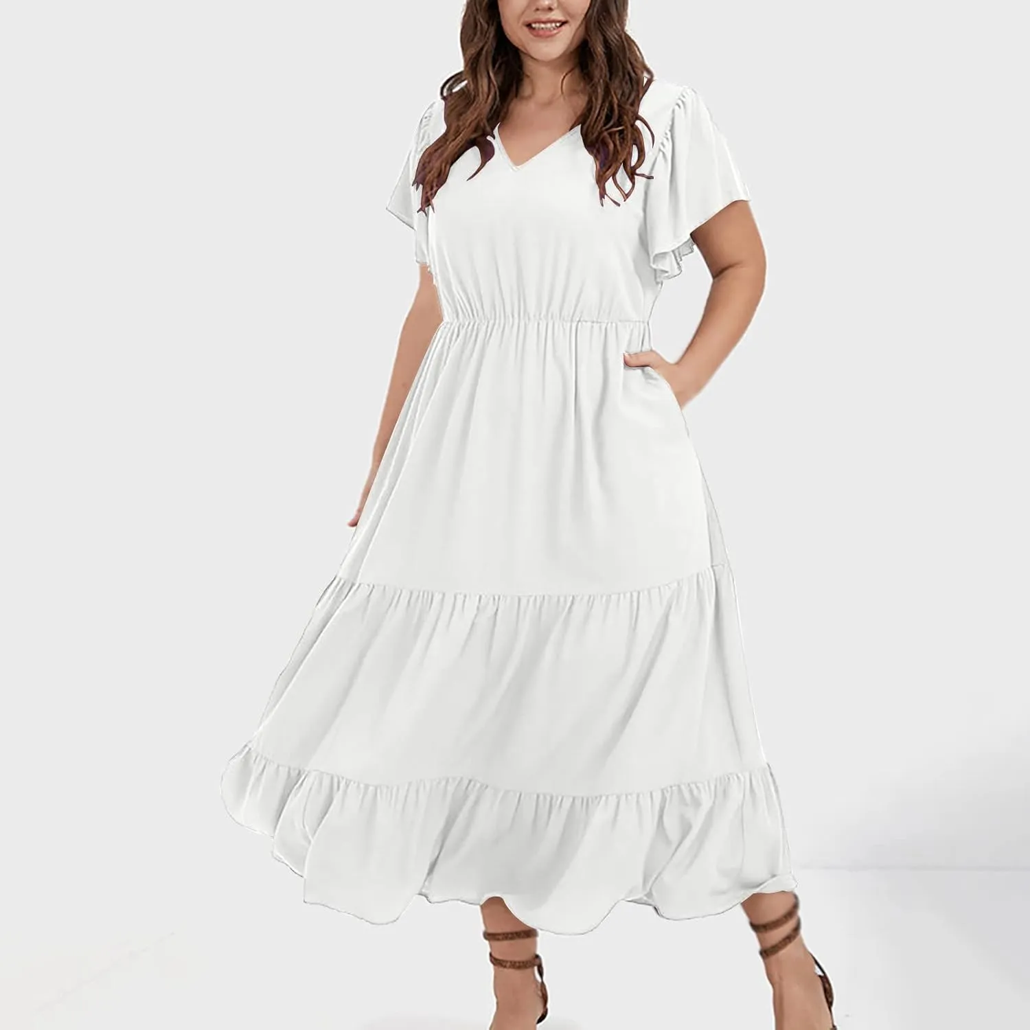 Womens Dress Casual Loose Solid Color Ruffle Short Sleeve Midi Dresses Pockets Fashion Plus Size V Neck A Line Dress