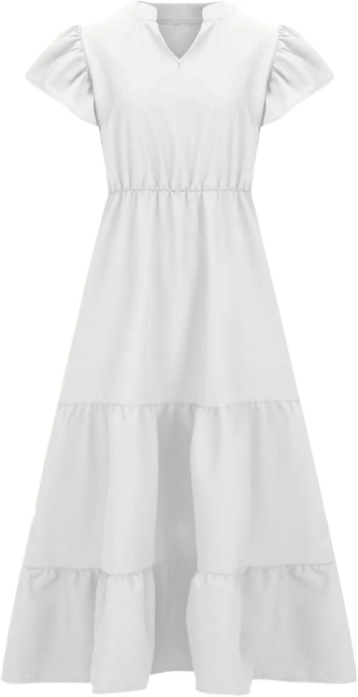 Womens Dress Casual Loose Solid Color Ruffle Short Sleeve Midi Dresses Pockets Fashion Plus Size V Neck A Line Dress