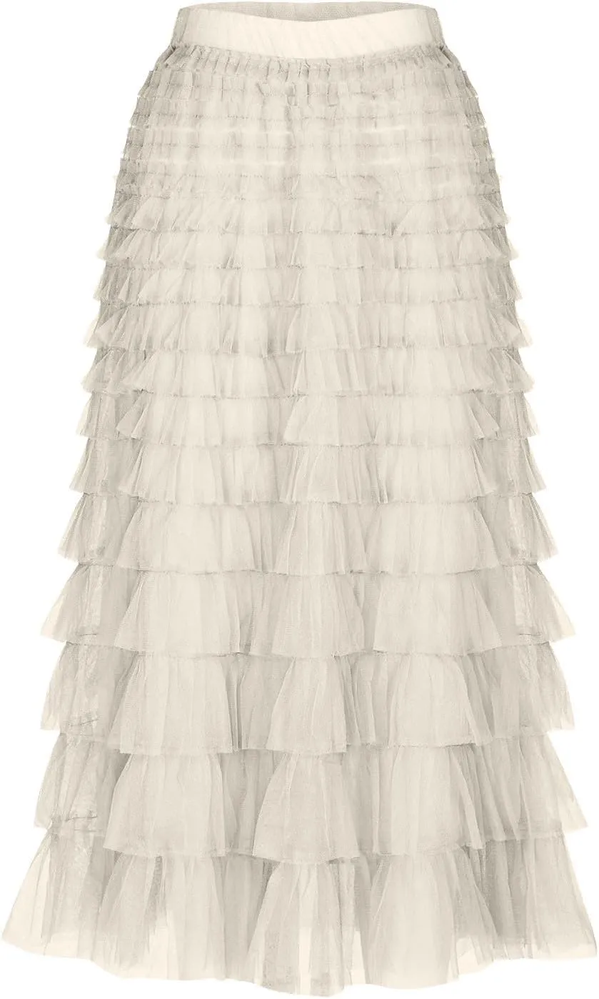 Women's Long Midi Tulle Skirts Dressy Casual A Line Ruffle High Waisted Tiered Layered Mesh Tutu Skirt Petticoat
