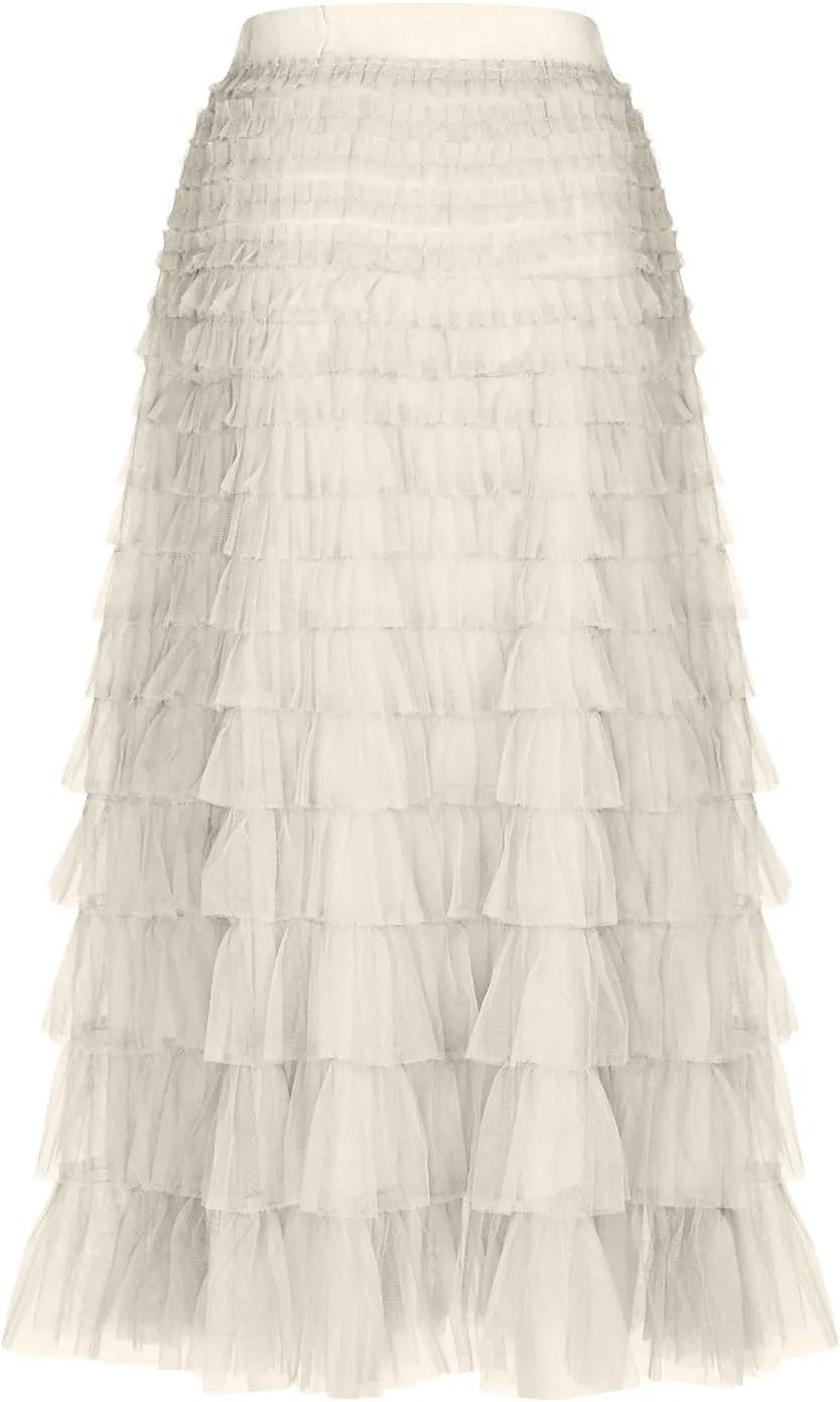 Women's Long Midi Tulle Skirts Dressy Casual A Line Ruffle High Waisted Tiered Layered Mesh Tutu Skirt Petticoat