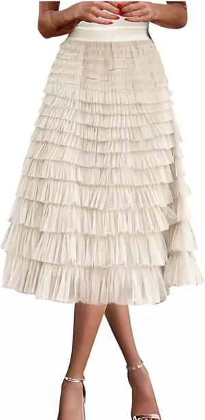 Women's Long Midi Tulle Skirts Dressy Casual A Line Ruffle High Waisted Tiered Layered Mesh Tutu Skirt Petticoat