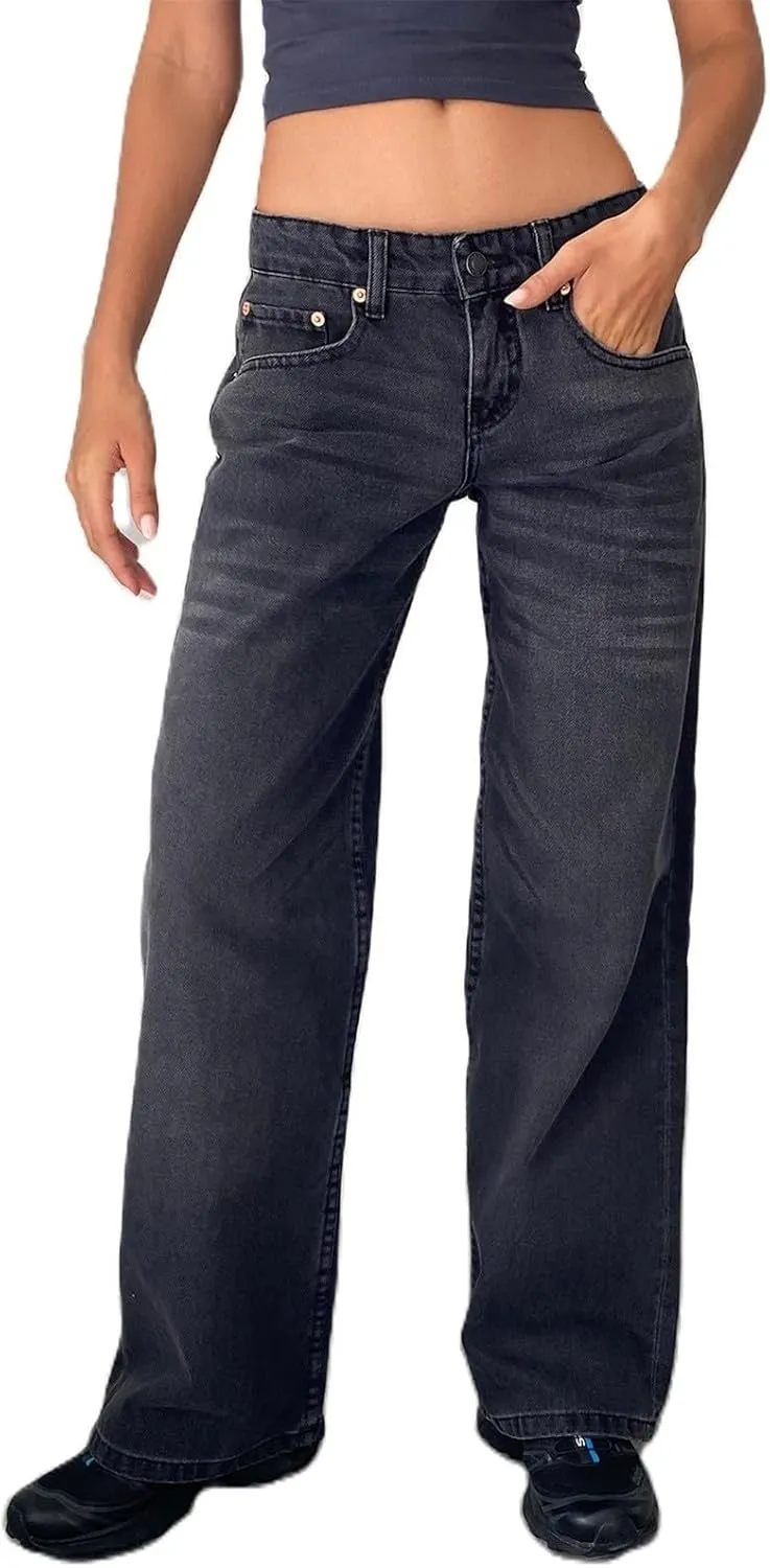 Womens Low Rise Mom Jeans Straight Leg Baggy Loose Fit Demin Pants Streetwear Classic Disco Retro Flared Denim Pants