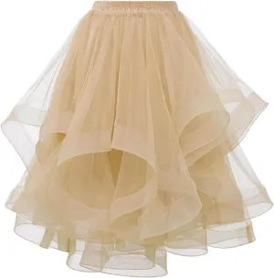 Womens Mesh Tutu Skirt Layered Tulle Elastic High Waist Dance Skirts Fluffy Irregular Hem Pleated A-line Midi Skirt