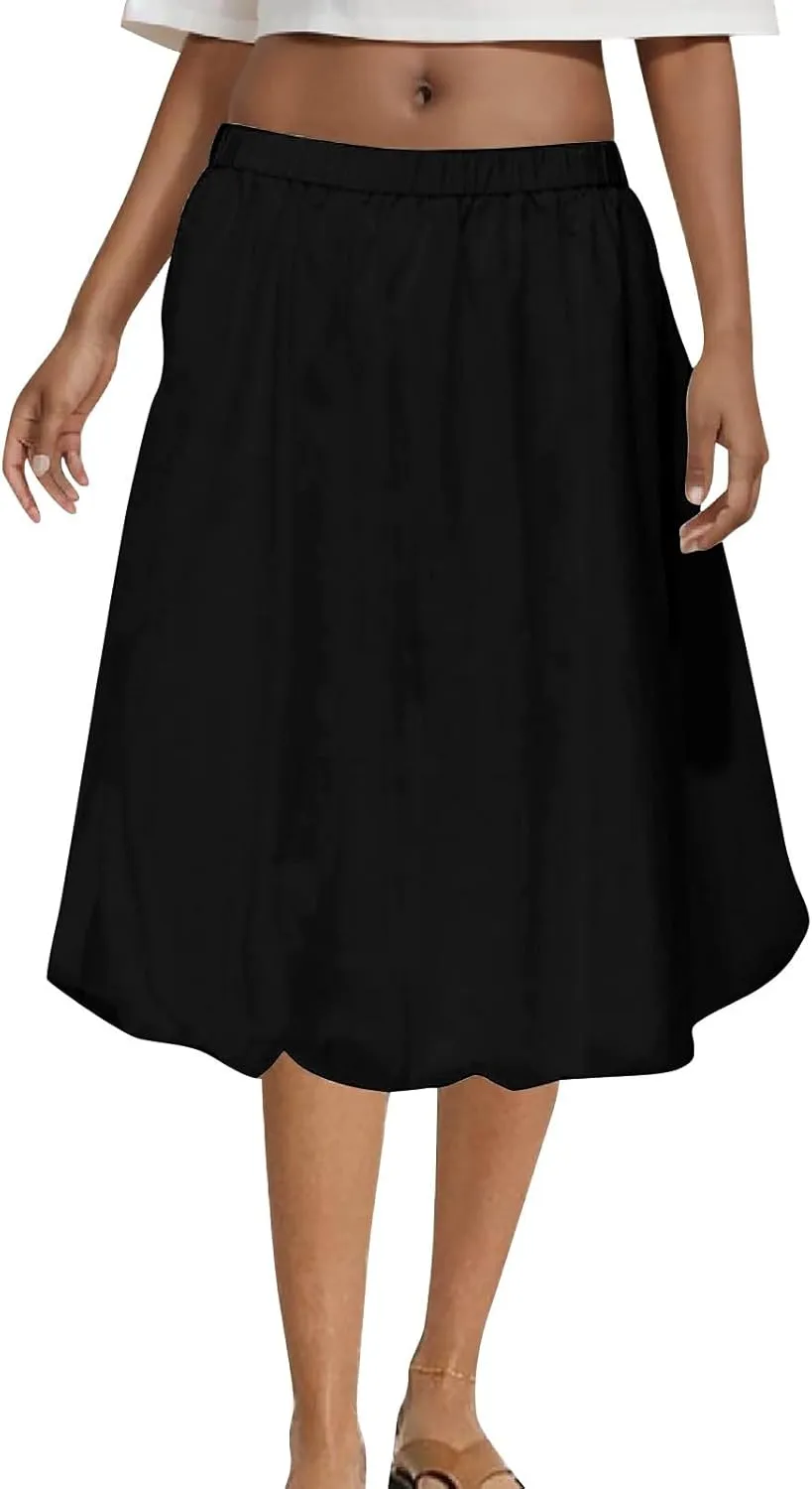 Women's Midi Skirt Basic Knee Length Elastic Waist Casual Skirts Pleated Solid Flowy Swing Flared Dress Skirt