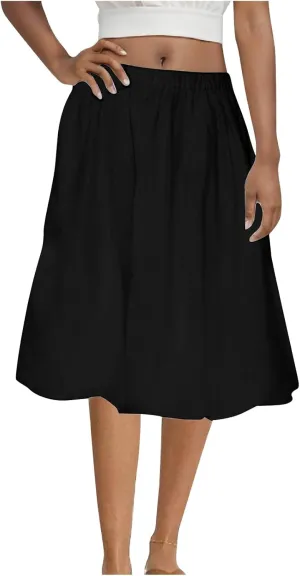 Women's Midi Skirt Basic Knee Length Elastic Waist Casual Skirts Pleated Solid Flowy Swing Flared Dress Skirt