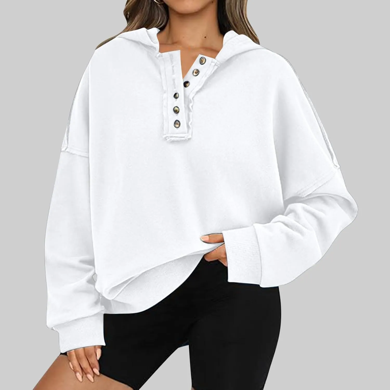 Womens Oversized Hoodies Trendy Loose Button v Neck Hooded Pullover Sweatshirt Fall Outfits 2024 Preppy Clothes