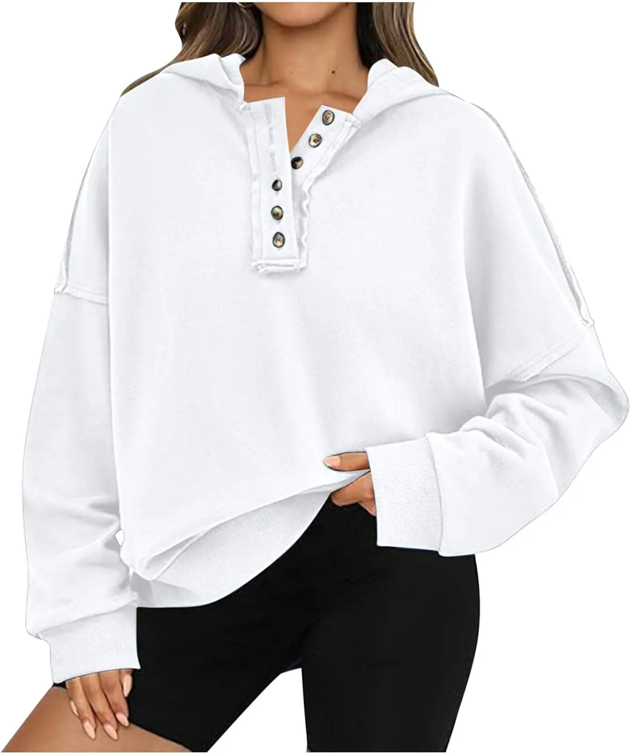 Womens Oversized Hoodies Trendy Loose Button v Neck Hooded Pullover Sweatshirt Fall Outfits 2024 Preppy Clothes