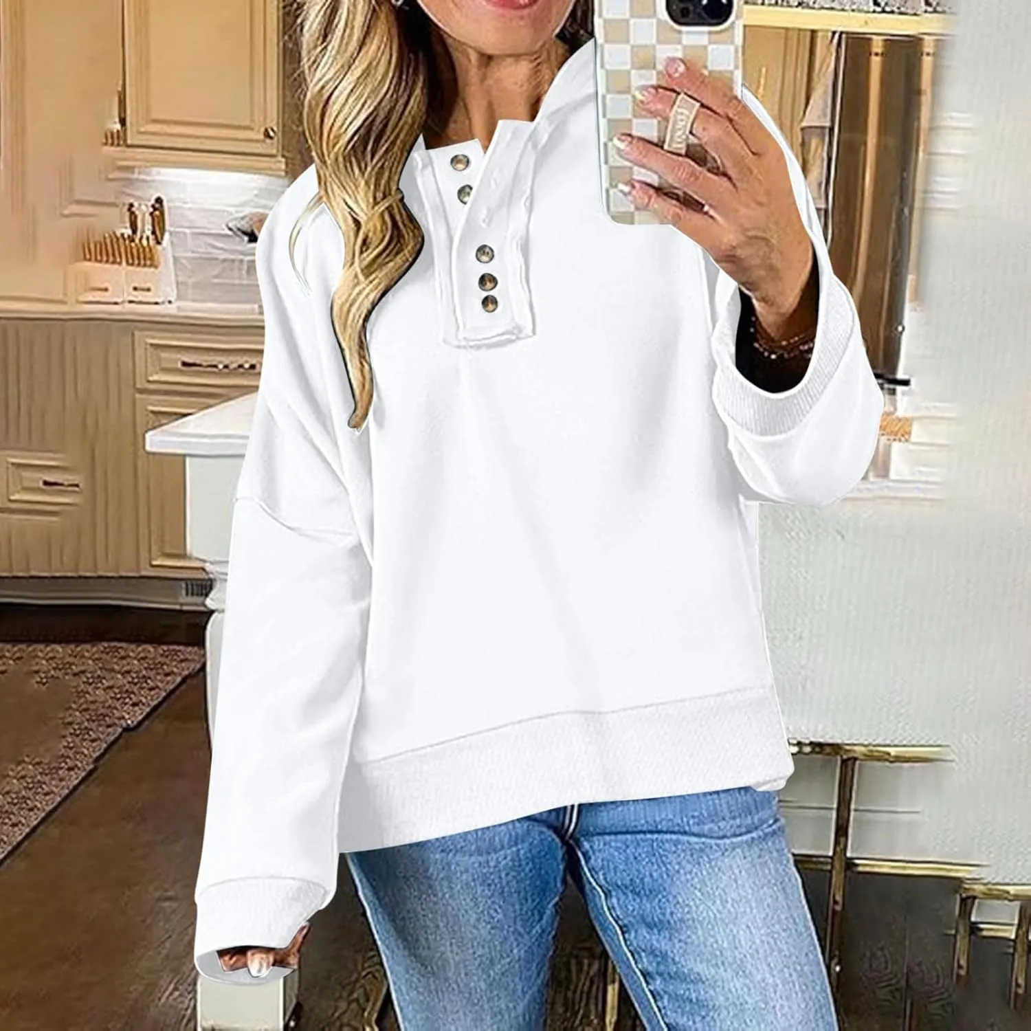 Womens Oversized Hoodies Trendy Loose Button v Neck Hooded Pullover Sweatshirt Fall Outfits 2024 Preppy Clothes