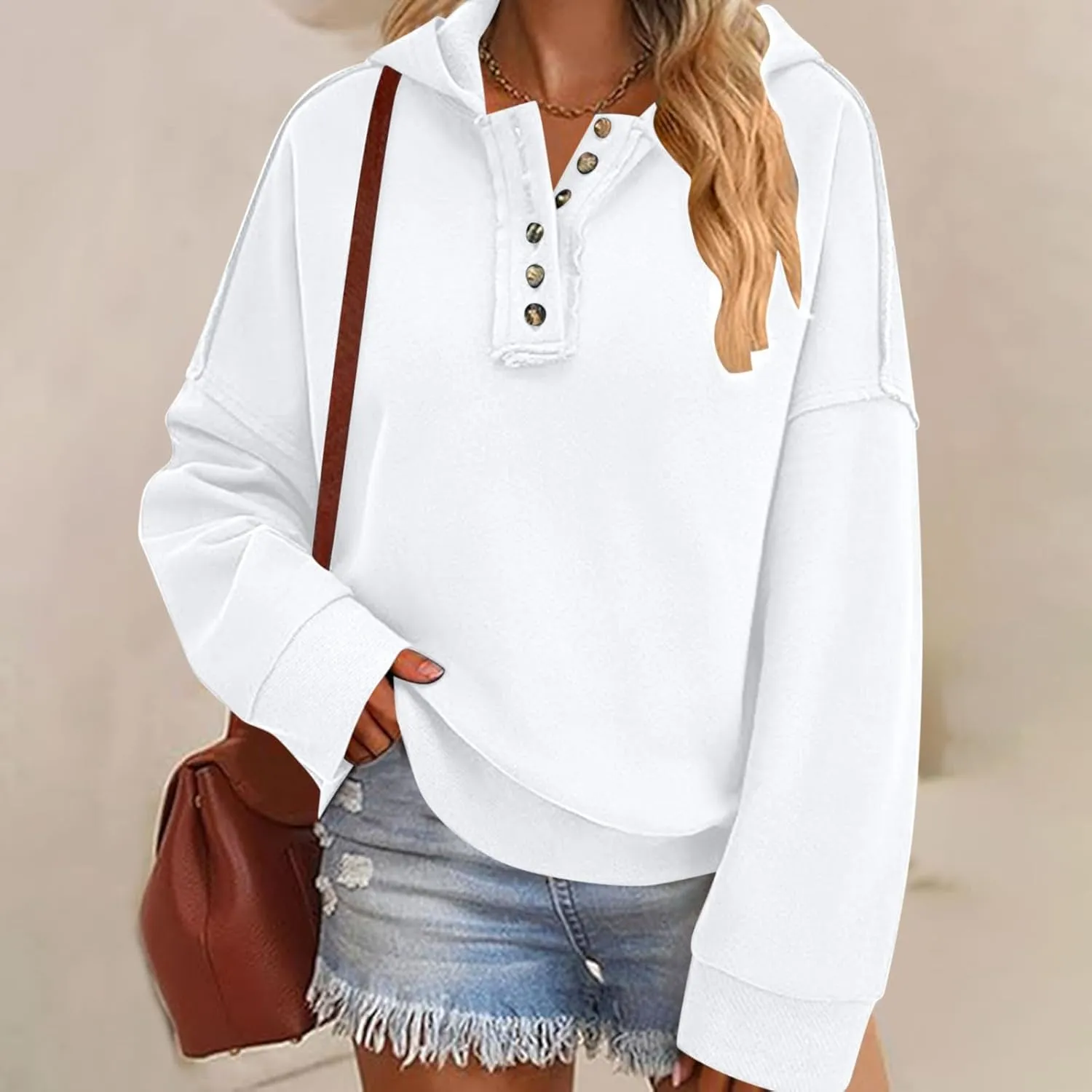 Womens Oversized Hoodies Trendy Loose Button v Neck Hooded Pullover Sweatshirt Fall Outfits 2024 Preppy Clothes