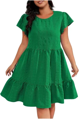 Women's Plus Size Crew Neck Short Sleeve Dress Casual Short Dresses Summer Ruffle Hem Solid Color A Line Mini Dress