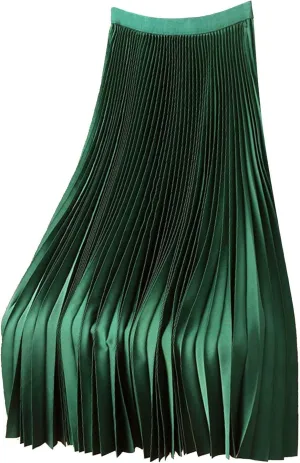 Women's Premium Accordion Pleated Maxi Skirt Flowy Shimmer High Waisted A-line Longline Skirts for Party Evening Dailywear