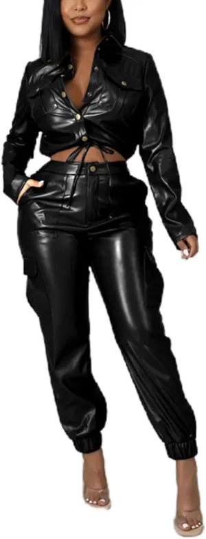 Womens PU Leather Long Sleeve Outfits Jacket Button Top with Cargo Pants Six Pockets PU Leather Sets