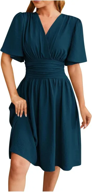 Women's Ruffle Cap Sleeve Dress 2025 Wrap V Neck Flared Dresses Elastic Waist Tiered Smocked Belted Hem Mini Dress