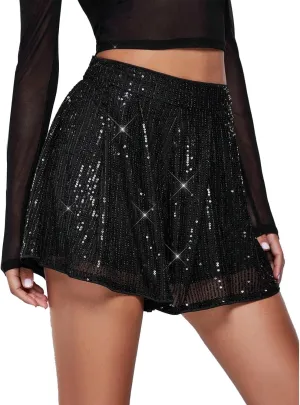 Women's Sequin Glitter High Waisted Skirt Shorts Sparkly A Line Skort Plaid Skirt Plus Size