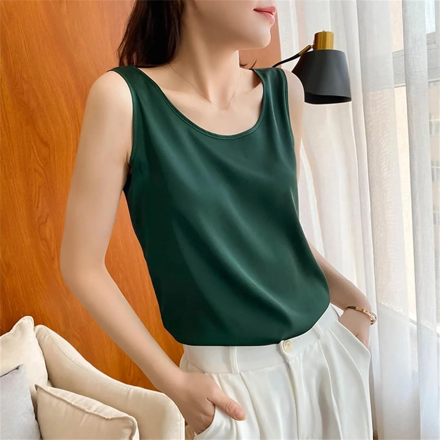 Women's Silk Camisole Spring Summer Satin Vest Sleeveless Round Neck All-Match Bottoming Shirt
