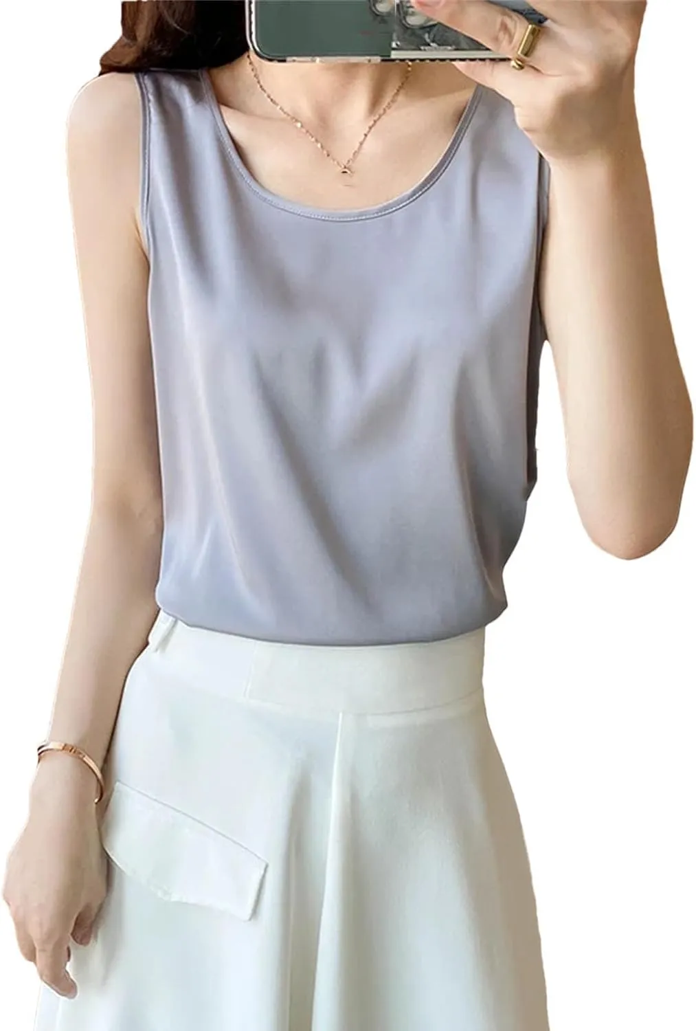 Women's Silk Camisole Spring Summer Satin Vest Sleeveless Round Neck All-Match Bottoming Shirt