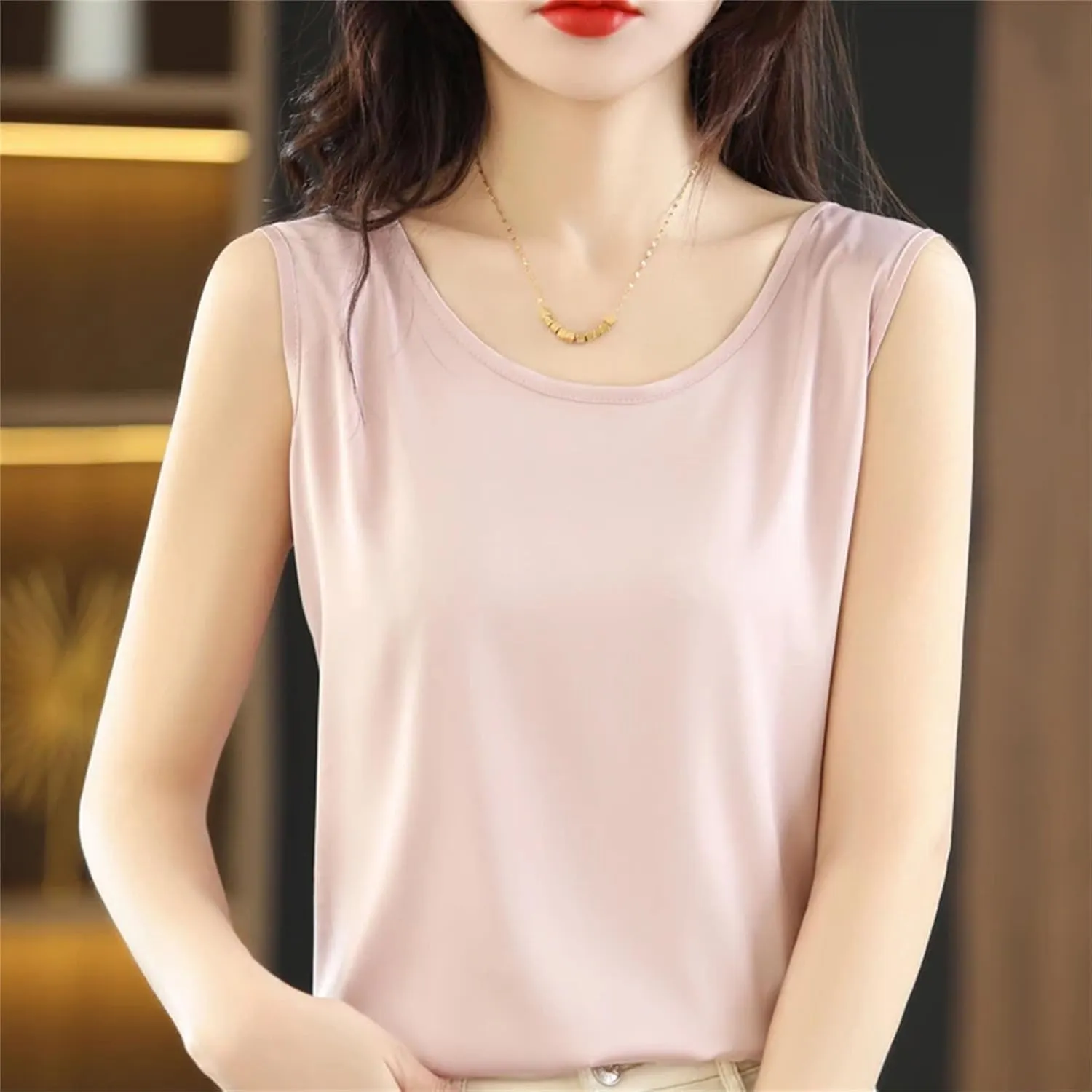 Women's Silk Camisole Spring Summer Satin Vest Sleeveless Round Neck All-Match Bottoming Shirt