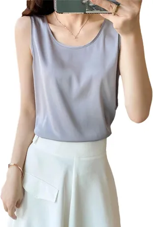 Women's Silk Camisole Spring Summer Satin Vest Sleeveless Round Neck All-Match Bottoming Shirt