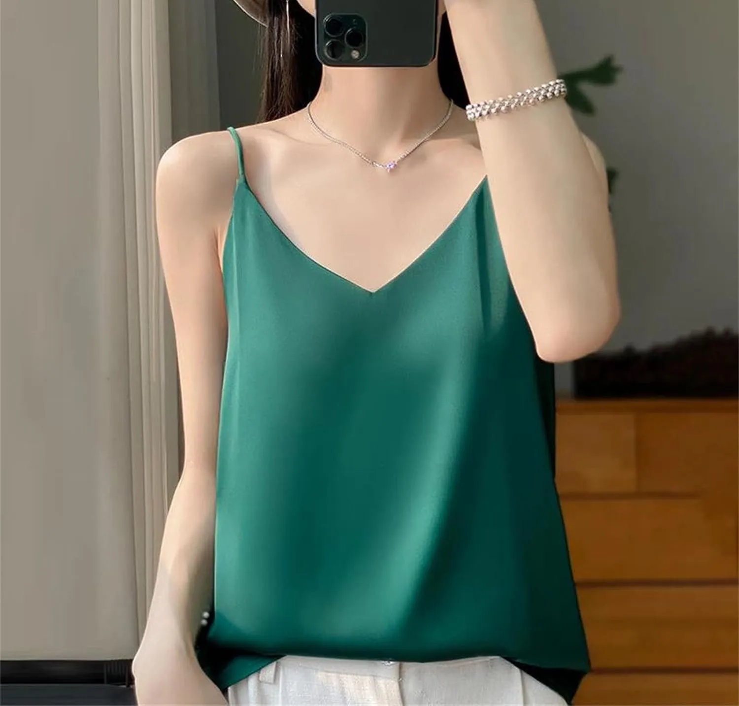 Women's Sleeveless Fashion Silk Satin Work Vest Summer V-Neck Camisole Casual Beach Tank Tops
