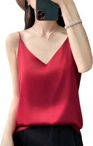 Women's Sleeveless Fashion Silk Satin Work Vest Summer V-Neck Camisole Casual Beach Tank Tops