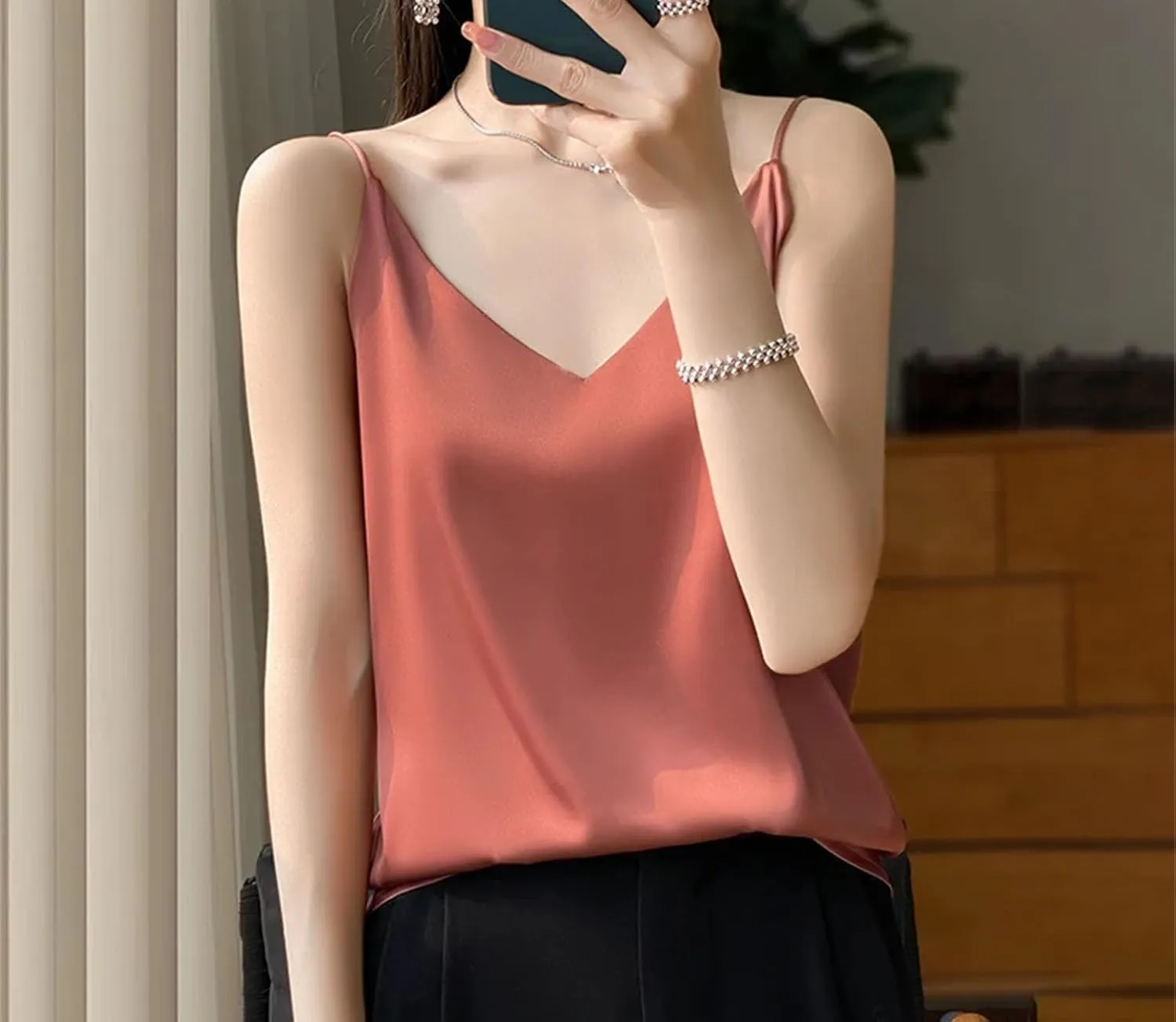 Women's Sleeveless Fashion Silk Satin Work Vest Summer V-Neck Camisole Casual Beach Tank Tops