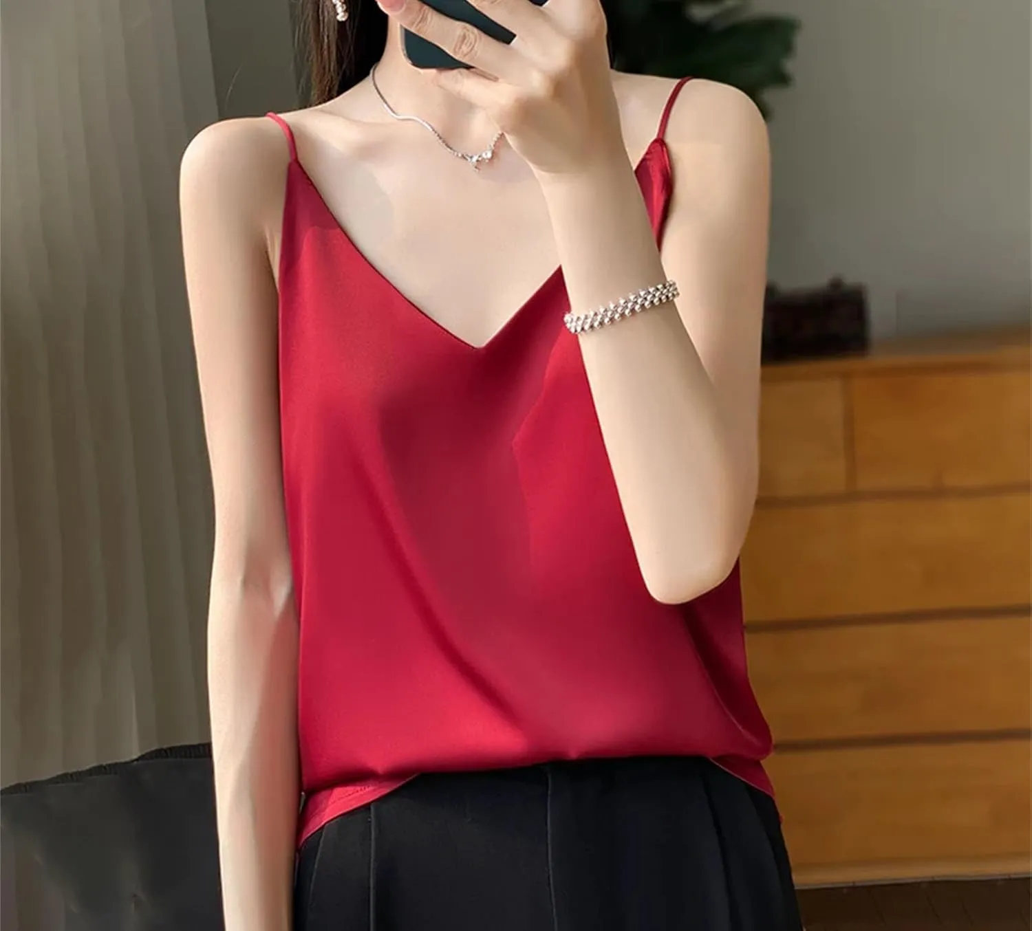 Women's Sleeveless Fashion Silk Satin Work Vest Summer V-Neck Camisole Casual Beach Tank Tops