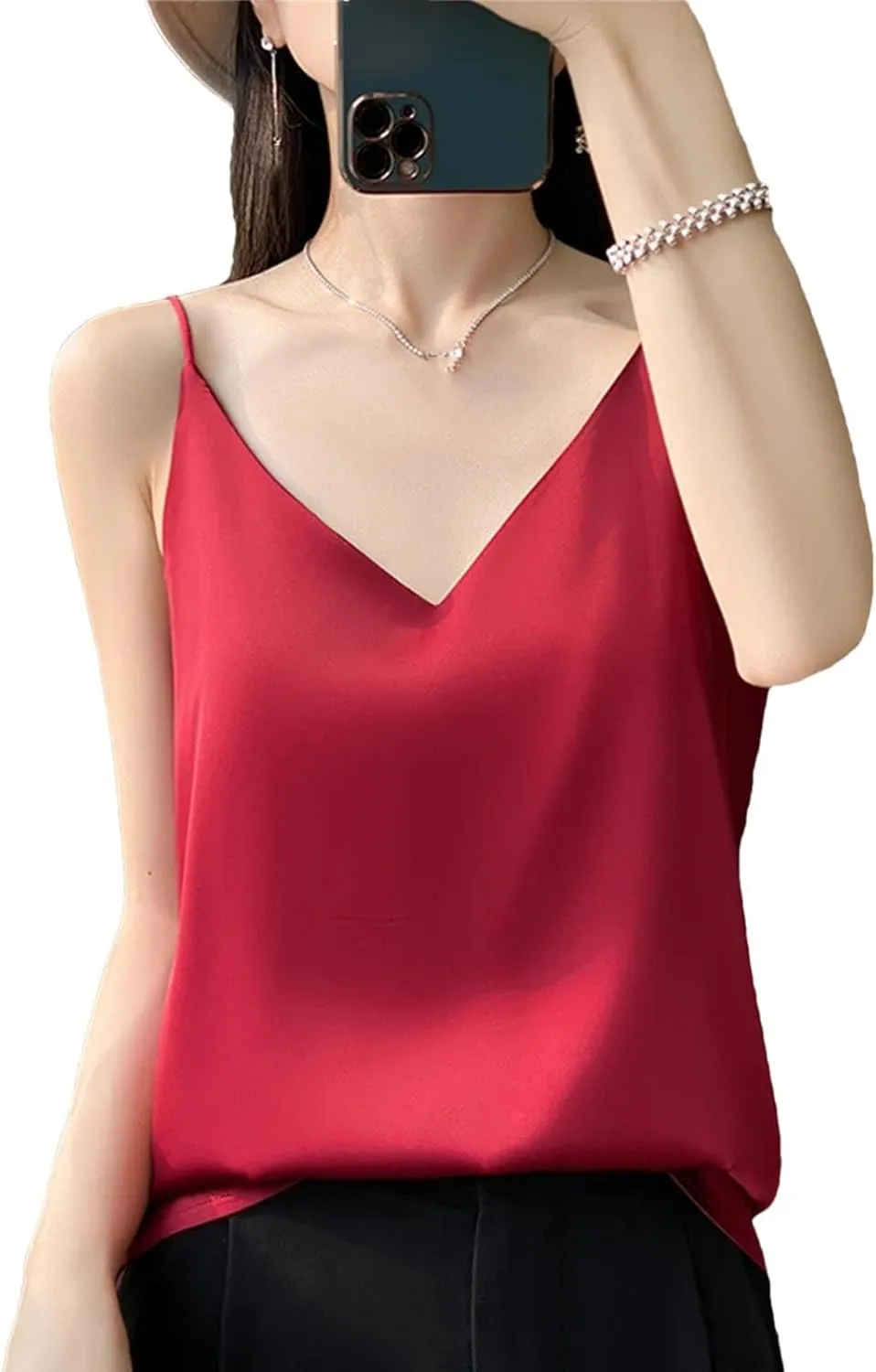 Women's Sleeveless Fashion Silk Satin Work Vest Summer V-Neck Camisole Casual Beach Tank Tops