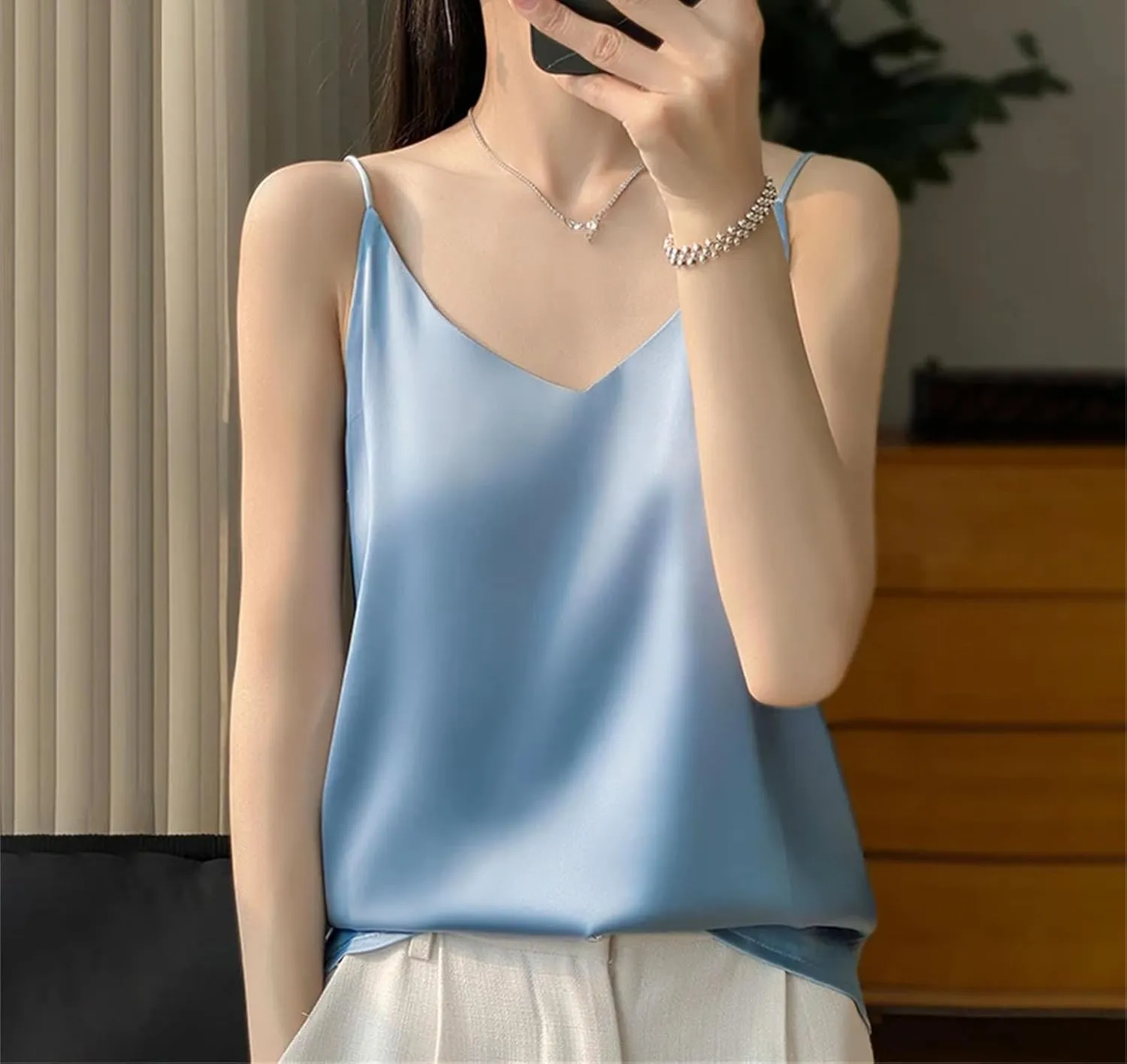 Women's Sleeveless Fashion Silk Satin Work Vest Summer V-Neck Camisole Casual Beach Tank Tops