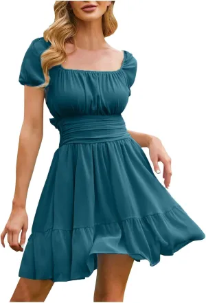 Women's Smocked Ruffle Mini Dress Mesh Long Sleeve Square Neck Party Dresses Flowy Casual A Line Summer Skirt