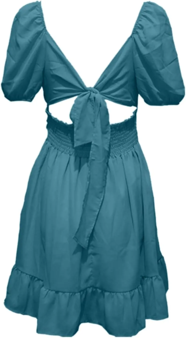 Women's Smocked Ruffle Mini Dress Mesh Long Sleeve Square Neck Party Dresses Flowy Casual A Line Summer Skirt