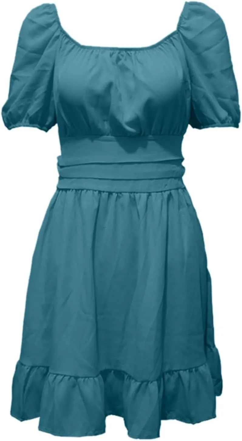 Women's Smocked Ruffle Mini Dress Mesh Long Sleeve Square Neck Party Dresses Flowy Casual A Line Summer Skirt