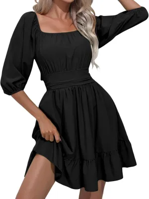 Women's Smocked Ruffle Mini Dresses Long Sleeve Square Neck High Waist Ruffle Hem Flowy Casual Party Dress