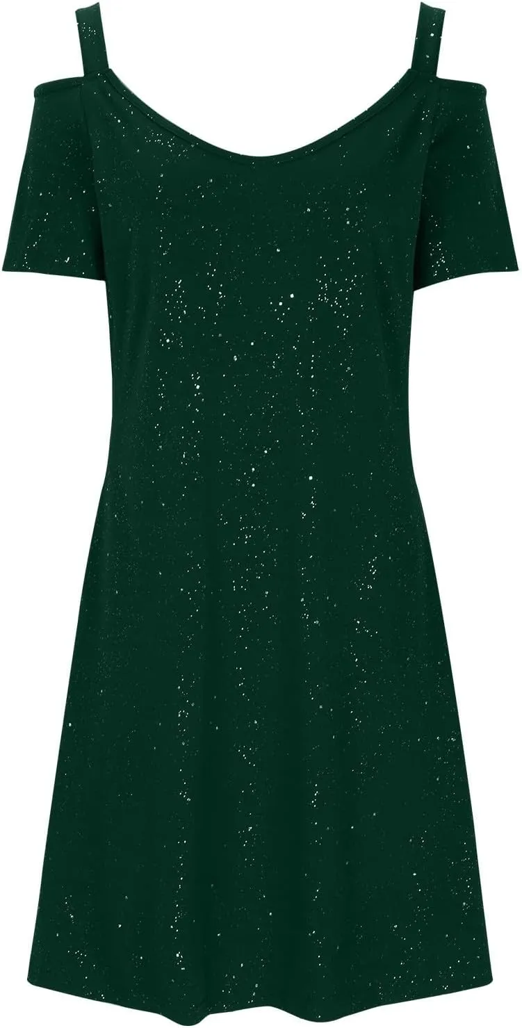 Women's Sparkly Sequin Homecoming Dresses 2025 Summer Sexy Short Sleeve V Neck Cocktail Party Mini Dress Plus Size
