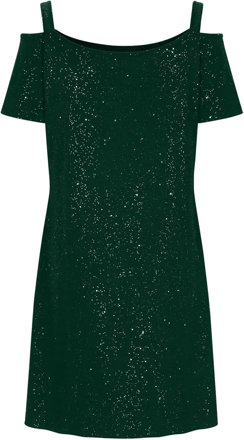 Women's Sparkly Sequin Homecoming Dresses 2025 Summer Sexy Short Sleeve V Neck Cocktail Party Mini Dress Plus Size