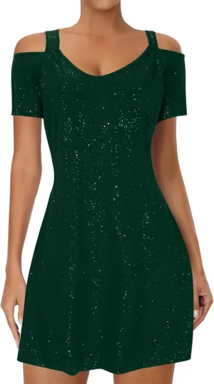 Women's Sparkly Sequin Homecoming Dresses 2025 Summer Sexy Short Sleeve V Neck Cocktail Party Mini Dress Plus Size