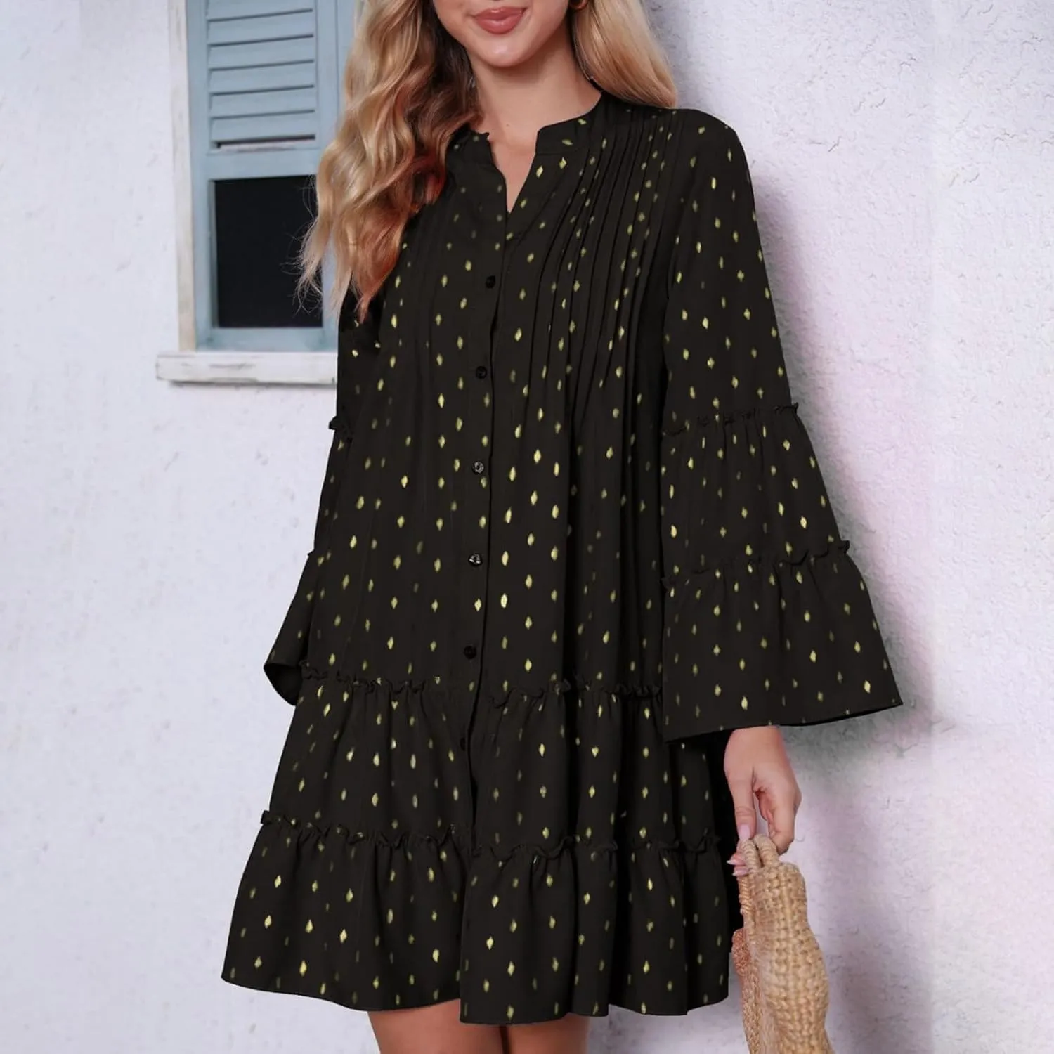Women's Summer Button Down Pleated Shirt Dress Bell Long Sleeve Tiered Ruffle Flowy A-Line Swing Mini Babydoll Dresses