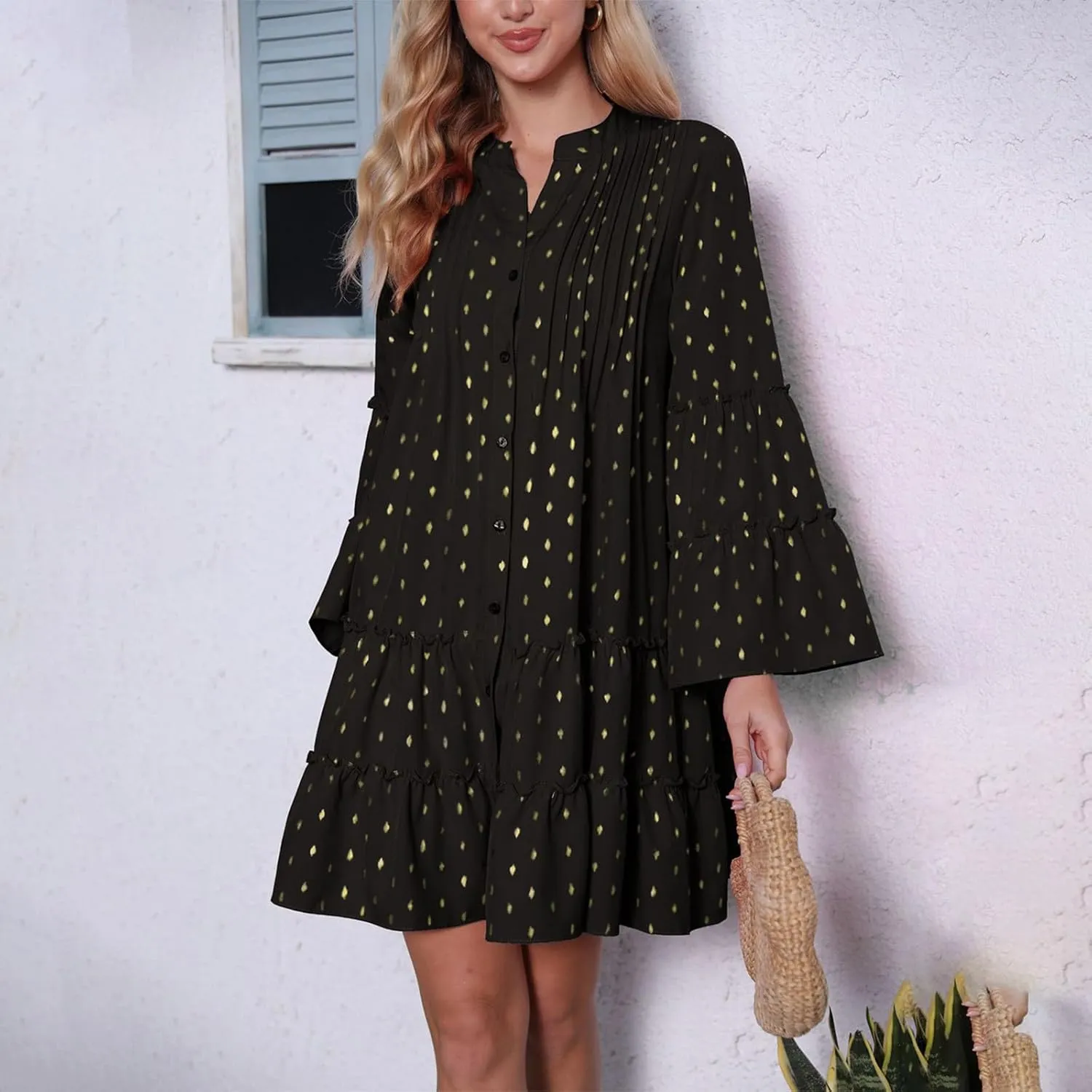 Women's Summer Button Down Pleated Shirt Dress Bell Long Sleeve Tiered Ruffle Flowy A-Line Swing Mini Babydoll Dresses