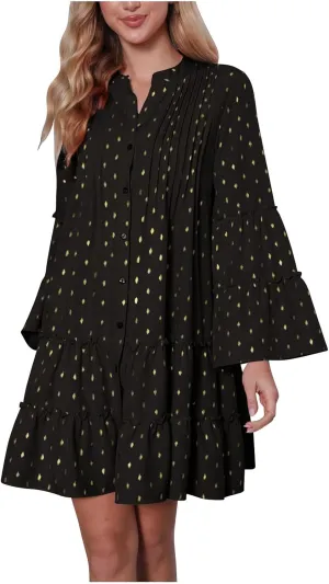 Women's Summer Button Down Pleated Shirt Dress Bell Long Sleeve Tiered Ruffle Flowy A-Line Swing Mini Babydoll Dresses